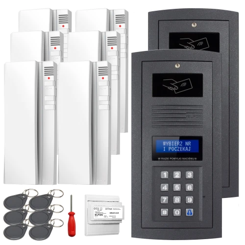 The image shows a digital intercom set featuring two sleek black outdoor panels with keypads and displays, accompanied by five white indoor units with buttons and LED indicators. The set also includes a screwdriver, a power supply unit, and several key fobs for access control.