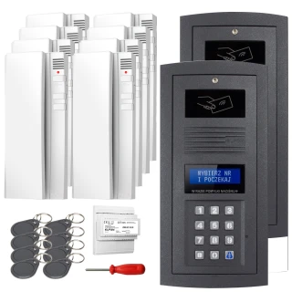 The image shows a digital intercom set featuring two sleek black outdoor panels with keypads and displays, accompanied by multiple white indoor units. Included are key fobs, a screwdriver, and an electronic module for installation.