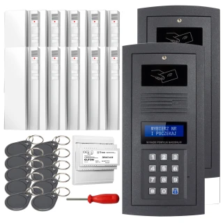 The image shows a digital intercom set featuring a sleek black keypad panel with a display screen and card reader. Included are multiple white indoor units, key fobs, a screwdriver, and an electronic module for installation.