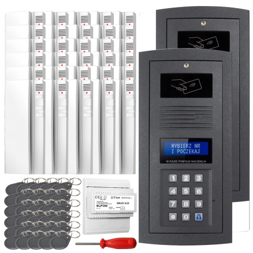 The image shows a digital intercom set featuring two sleek black panels with keypads and display screens, designed for secure entry access. Accompanying the panels are multiple key fobs, a screwdriver, and additional components for installation.