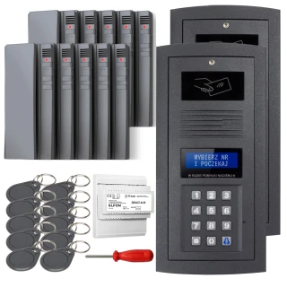 A digital intercom set featuring a sleek black keypad panel with a display screen, accompanied by multiple key fobs and a screwdriver. The package includes several gray indoor units designed for seamless communication and access control.