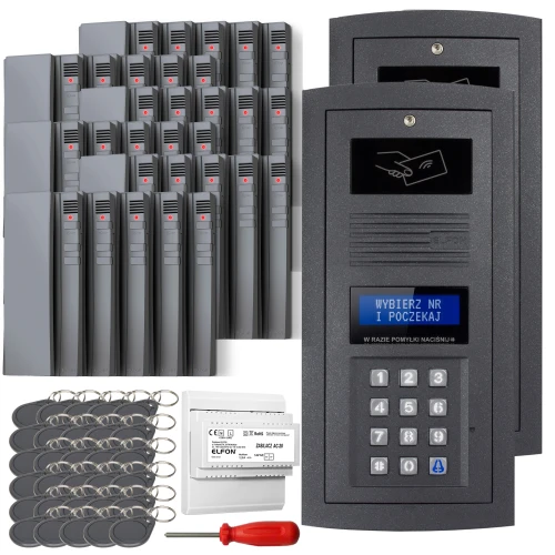The image shows a digital intercom set featuring two sleek black panels with keypads and display screens, designed for secure access control. Included are multiple key fobs, a screwdriver, and an electronic module for installation.
