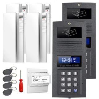 The image shows a digital intercom set featuring a sleek keypad panel with a display, four white indoor units, and four key fobs. Included in the set are a screwdriver and a control module for easy installation and operation.