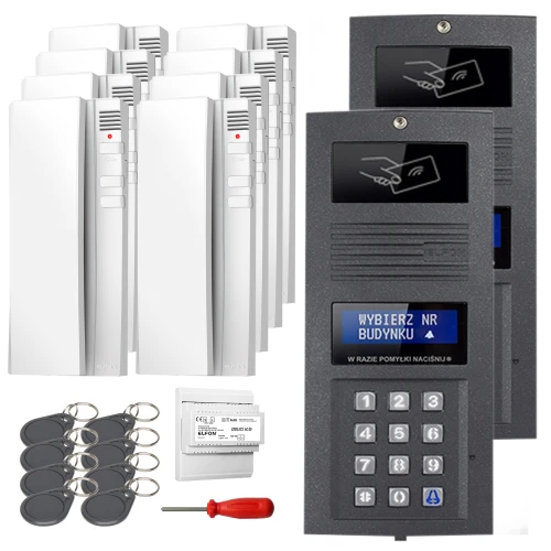 The image shows a digital intercom set featuring two sleek, black outdoor panels with keypads and screens, accompanied by multiple white indoor units. Included are key fobs, a power supply, and a red screwdriver for installation.