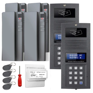 The image shows a digital intercom set featuring a sleek keypad panel with a display and multiple call buttons, designed for secure building access. Included are several key fobs, a screwdriver, and additional components for installation.