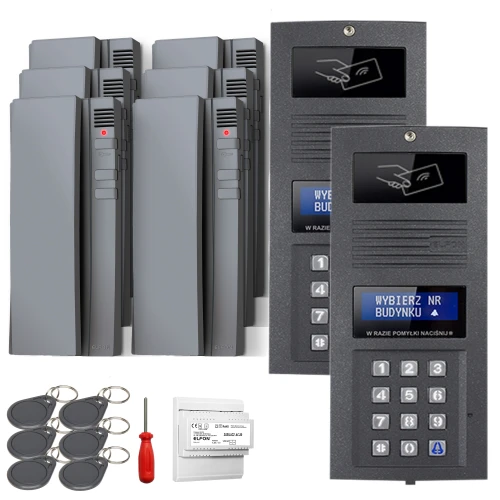 The image shows a digital intercom set featuring multiple sleek, gray handsets and two keypad panels with display screens. Included are key fobs, a screwdriver, and an electronic module for installation.
