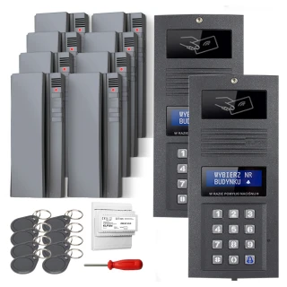 The image shows a digital intercom set featuring a keypad entry system with a sleek, modern design. Included are multiple key fobs, a screwdriver, and additional components for installation.
