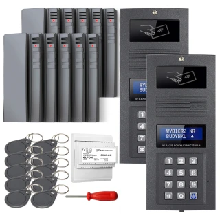 The image shows a digital intercom set featuring two sleek, dark gray panels with keypads and display screens for building access. Included are multiple key fobs, a screwdriver, and additional components for installation.