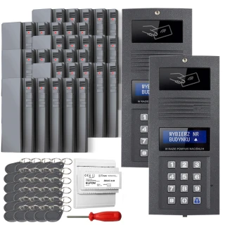 The image shows a digital intercom set featuring two sleek, black panels with keypads and RFID readers, designed for secure building access. Included are multiple key fobs, a power supply unit, and a screwdriver for installation.