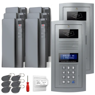 Digital intercom set featuring a sleek keypad panel and multiple handsets for secure communication. Includes key fobs, a screwdriver, and an installation module for easy setup.