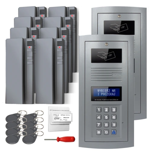 The image shows a digital intercom set featuring a sleek, metallic keypad panel with a display screen and multiple RFID key fobs. Included are several additional components such as a screwdriver and a control unit for installation.