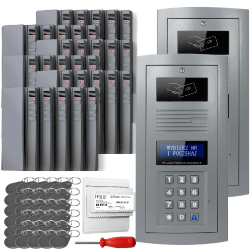 The image shows a digital intercom set featuring two main panels with keypads and display screens, designed for secure access control. Included are multiple key fobs, a power supply unit, and a screwdriver for installation.