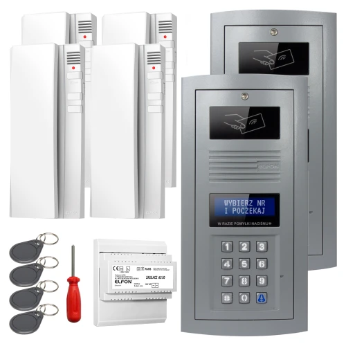 The image shows a digital intercom set featuring a sleek, metallic keypad panel with a display screen and multiple white indoor units. Included are key fobs, a screwdriver, and a control module for comprehensive access management.