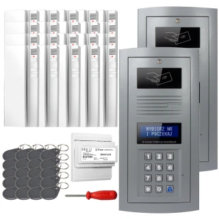 The image shows a digital intercom set featuring two sleek, metallic panels with keypads and display screens. Included are multiple key fobs, a screwdriver, and additional components for installation.