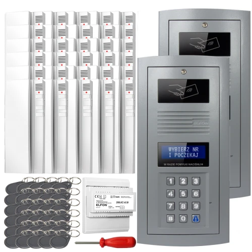 The image shows a digital intercom set featuring two sleek, metallic entry panels with keypads and display screens. Included are multiple key fobs, a screwdriver, and additional components for installation.