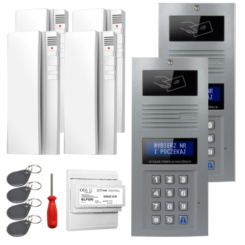 The image shows a digital intercom set featuring a sleek keypad panel with a display and RFID reader, accompanied by four white indoor units. Included are four key fobs, a screwdriver, and a power supply module.