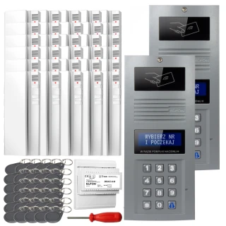 The image shows a digital intercom set featuring a sleek keypad panel with a display and multiple white indoor units. Included are key fobs, a power supply, and a screwdriver for installation.