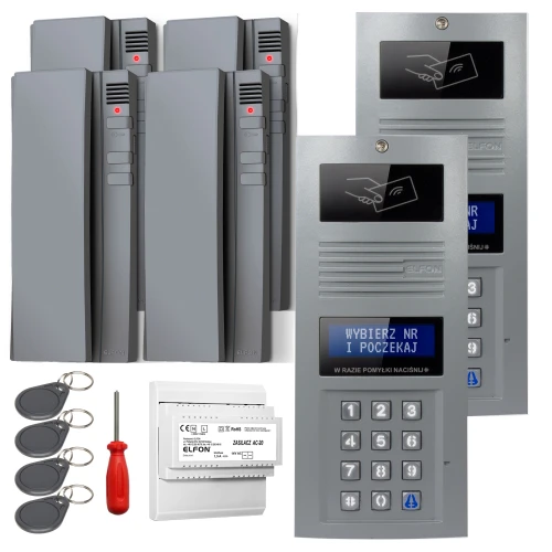 The image shows a digital intercom set featuring a sleek keypad panel and multiple handsets, designed for secure and efficient communication. Included are key fobs, a screwdriver, and a power supply unit for easy installation and use.