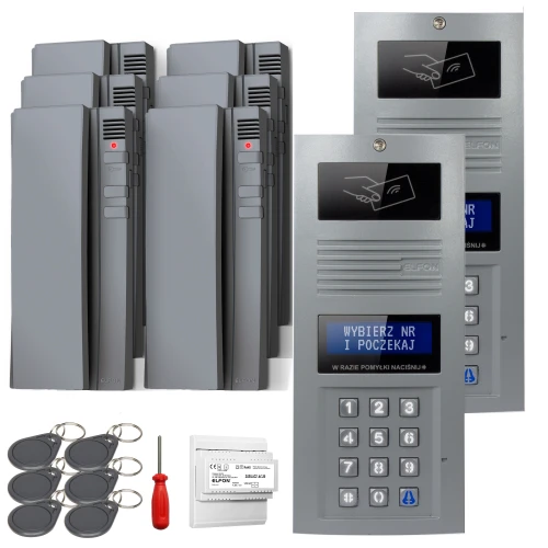 The image shows a digital intercom set featuring a sleek keypad panel with a card reader and multiple handsets. Included are key fobs, a screwdriver, and an installation module, all designed for secure and efficient access control.
