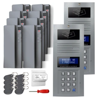 Digital intercom set featuring a sleek keypad panel and multiple handsets for secure communication. Includes key fobs, a power supply, and a screwdriver for easy installation.