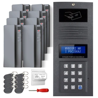 The image shows a complete intercom system set, featuring a sleek, flush-mounted keypad panel with a card reader and a digital display. Included are multiple key fobs, a screwdriver, and additional components for installation.