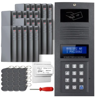 The image shows a complete intercom set featuring a sleek, flush-mounted panel with a numeric keypad and RFID reader. Included are multiple key fobs, a screwdriver, and additional components for installation.