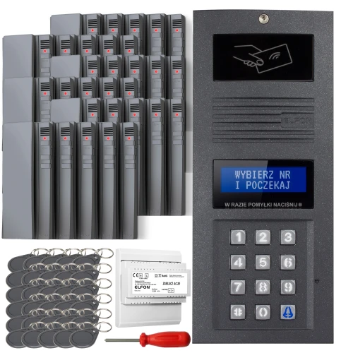 The image shows a complete intercom system set, featuring a sleek, metallic keypad panel with a card reader and multiple key fobs. Included are several mounting components and a screwdriver for installation.