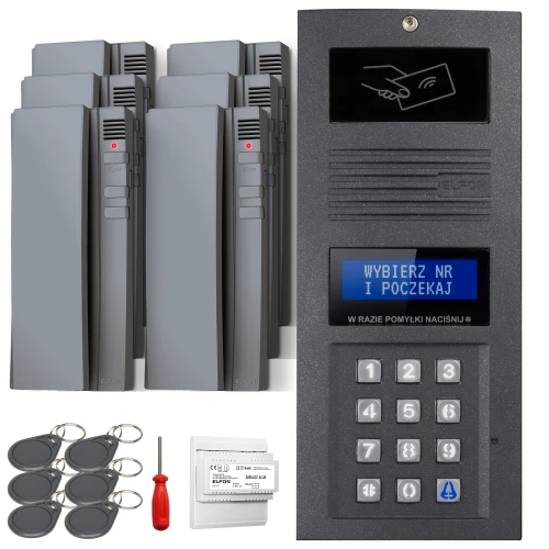 The image shows a sleek, modern intercom system featuring a wall-mounted keypad with a digital display and multiple handheld units. Included are key fobs, a screwdriver, and an additional electronic component for installation.