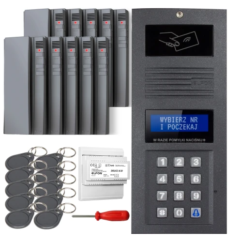 Understated and sleek, this flush-mounted intercom set includes a keypad entry system with a digital display, multiple key fobs, and a set of intercom handsets. The package also features a screwdriver and a control module for easy installation and operation.