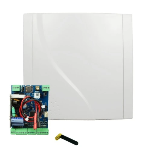 The image shows a communication kit featuring a sleek white control panel and a compact circuit board with various connectors and wires. An antenna is also included, designed for enhancing wireless communication capabilities.