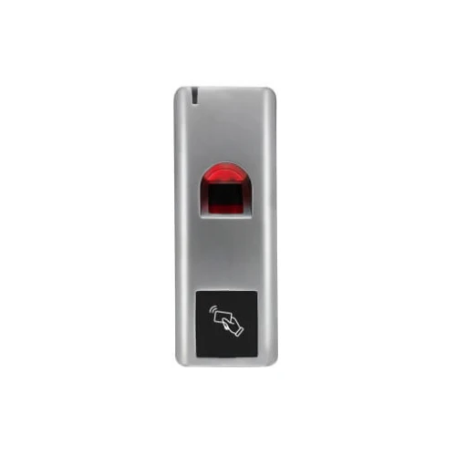 A sleek, silver access control reader with a red fingerprint scanner and a black card reader icon below. The compact design is ideal for secure entry systems in modern facilities.