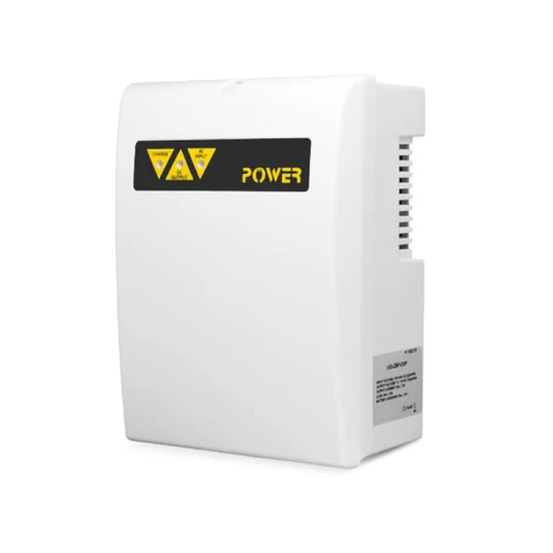 A white electronic access control device with a sleek design features a black panel displaying yellow warning symbols and the word "POWER." The unit has a vented side for airflow and a label with technical specifications.