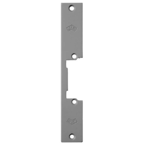 A rectangular metal strike plate with a cutout in the center and four screw holes for mounting. The plate is designed for use in access control systems, providing a secure and durable solution for door locking mechanisms.