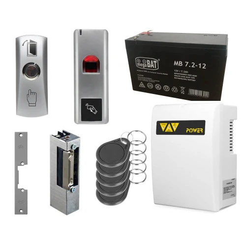 Access control kit featuring a fingerprint reader, push button, electric strike, and proximity key fobs. Includes a power supply and a 12V battery for comprehensive security solutions.