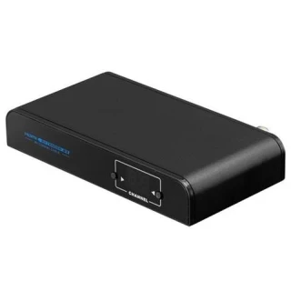A sleek black HDMI to coaxial converter with a digital display and channel adjustment buttons on the front panel. The compact design features a durable casing, ideal for efficient signal transmission.