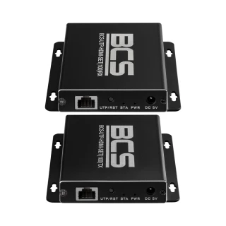 Two black BCS converters with multiple ports, including UTP and DC 5V, are shown side by side. The devices feature mounting brackets and are designed for efficient data transmission.