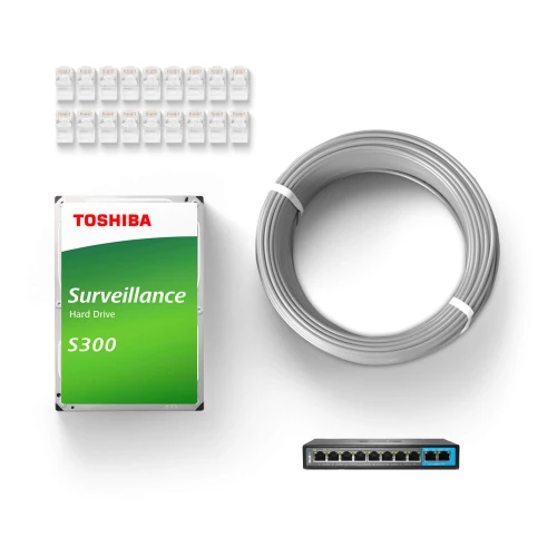 The image features a surveillance system kit including a Toshiba S300 hard drive, a bundle of Ethernet cables, and a network switch. Additionally, there are multiple connectors arranged at the top of the image.