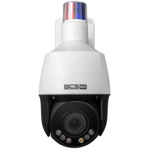 The image shows a BCS Basic security camera with a sleek white and black design, featuring multiple lenses and LED lights for enhanced surveillance. It is equipped with a red and blue light on top, indicating its advanced monitoring capabilities.