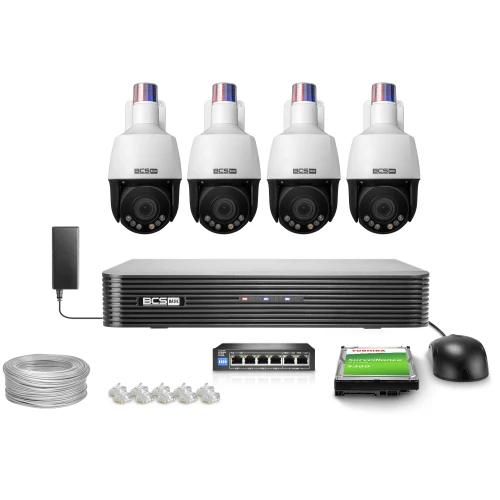 The image shows a comprehensive surveillance system package, including four dome cameras, a digital video recorder, a power adapter, and a hard drive. Additional components include a network switch, Ethernet cables, and connectors, providing a complete setup for monitoring security.
