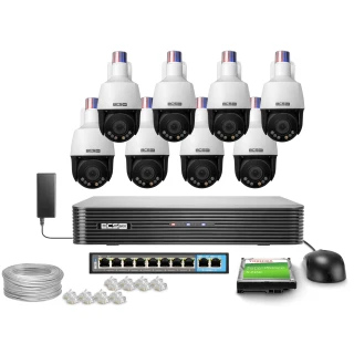 The image shows a comprehensive security camera system featuring eight white dome cameras, a central recording unit, and various accessories including cables and connectors. The setup is designed for monitoring homes or businesses, providing high-quality surveillance and easy installation.