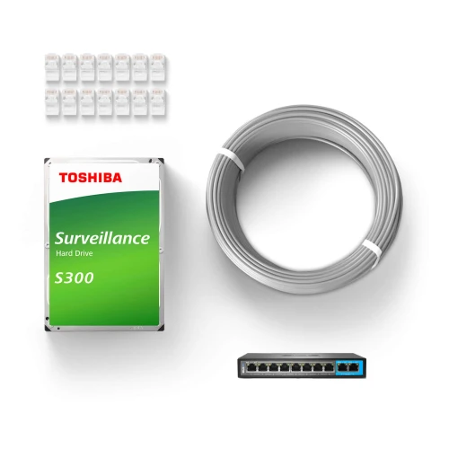 The image shows a surveillance system kit including a Toshiba S300 hard drive, a bundle of Ethernet cables, a network switch, and several RJ45 connectors. This comprehensive set is designed for setting up a reliable security camera network.