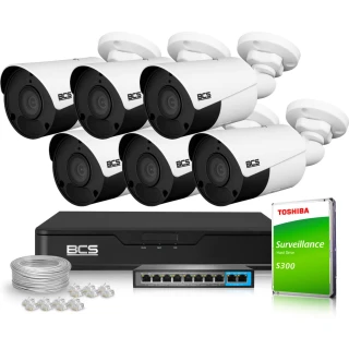 Surveillance Kit 6 Cameras 5MPx BCS-P-TIP15FSR5 IR 30m, Recorder, Disk, PoE Switch