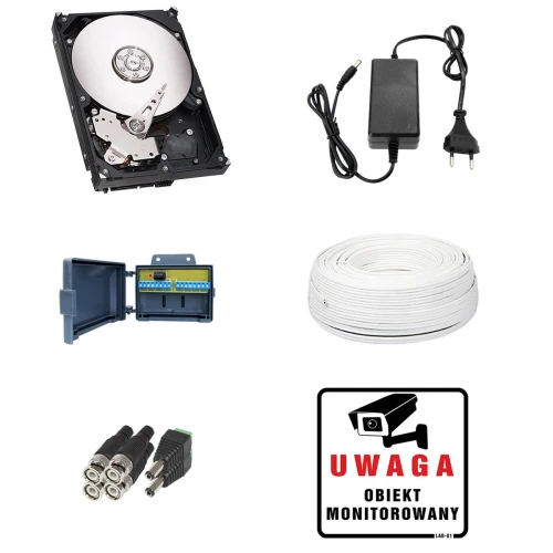 The image shows a surveillance system kit including a hard drive, power adapter, network cable, connectors, and a warning sign indicating monitored premises. The components are arranged separately against a white background, highlighting each item's details.