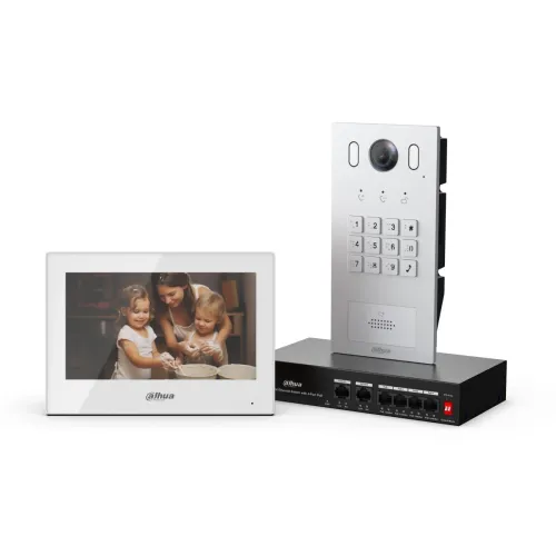 The image shows a Dahua video intercom system featuring a sleek, silver outdoor station with a camera and keypad, alongside a modern indoor monitor displaying a family scene. The set also includes a network switch for seamless connectivity.