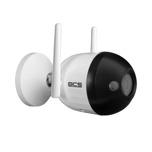 Outdoor WiFi camera with a sleek black and white design featuring dual antennas for enhanced connectivity. The camera offers high-resolution 4 MP imaging, ideal for security monitoring.