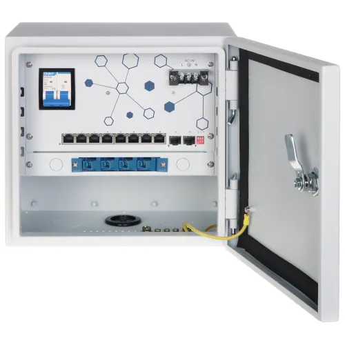 Outdoor camera distribution point with multiple Ethernet ports and SFP slots, housed in a secure, weather-resistant enclosure. The unit features a lockable door and organized internal layout for efficient cable management.