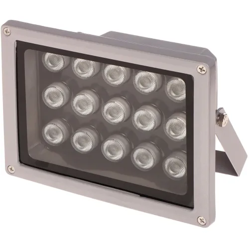 The image shows a rectangular infrared spotlight with a sturdy metal casing and a glass front panel, housing multiple LED lights arranged in a grid pattern. It features an adjustable mounting bracket for versatile installation.