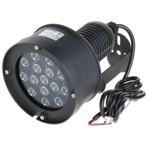 The image shows a black infrared spotlight with a durable, weather-resistant casing and multiple LED lights arranged in a circular pattern. It features a sturdy mounting bracket and a coiled power cable for easy installation.