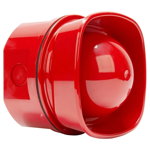 A red external fire alarm siren with a sleek, rounded design and a glossy finish. The siren features a prominent dome shape for effective sound projection.