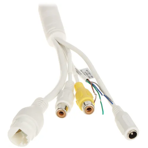 The image shows a set of white camera connectors, including an Ethernet port and multiple RCA connectors in yellow and white. The connectors are attached to a short cable with exposed wires, designed for versatile camera connectivity.